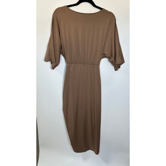 Dressy Day Brown Short Sleeve Drape Crossover Stretchy Midi Dress, Size M - Picture 5 of 5